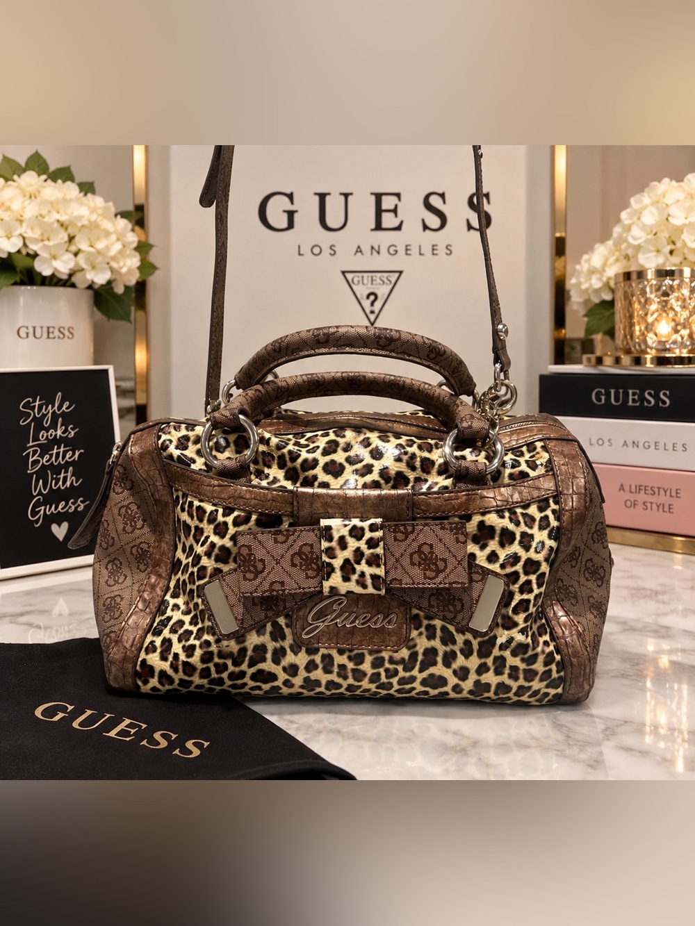 ✨ Vintage Y2K GUESS Laurita Leopard Satchel Bow Bag – Style LE259519 ✨